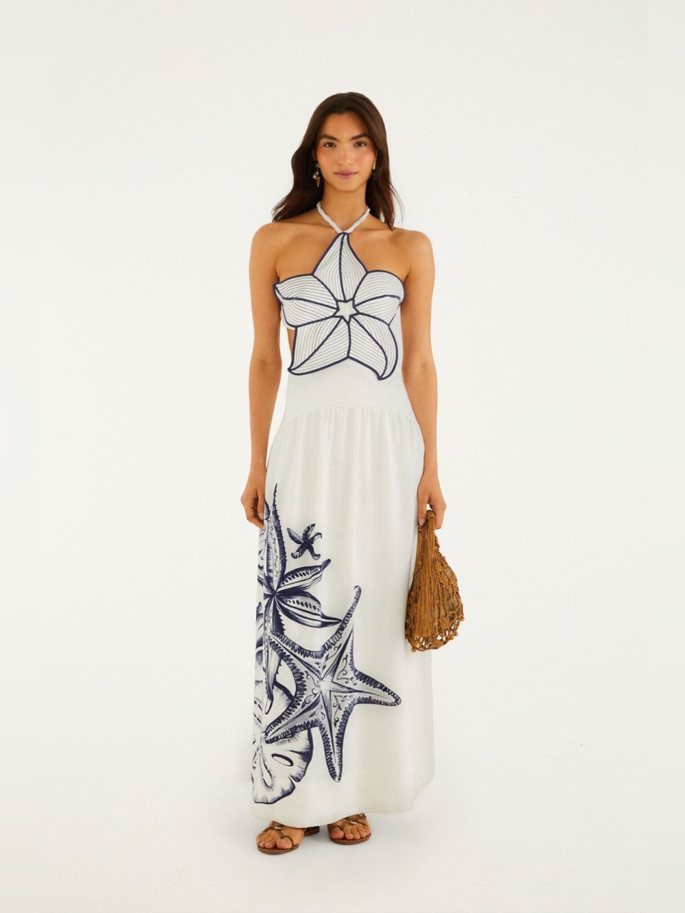 FARM Rio White Maxi Dress with Navy Floral and Starfish Appliqué - Picture 1 of 8